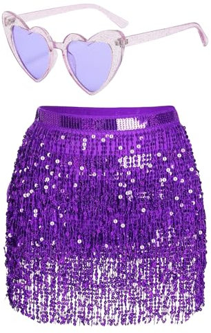 Damen Pailletten Rock Quaste Glitzerrock Hüft Pailettenrock Rave Röcke Gläser Set Fransenrock für Tanz Club Halloween Kostüm (DE/NL/SE/PL, Alphanumerisch, Einheitsgröße, Regular, Regular, Lila)