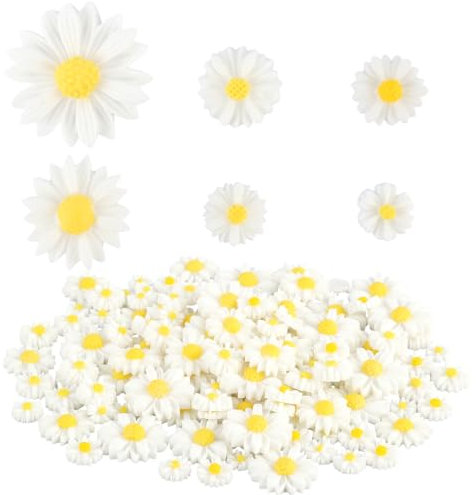 RISF 100 Stück Gänseblümchen Deko, 8/10/11/12/17/21mm Mini Harz Gänseblümchen, Gänseblümchen Harz Blume mit Klebepunkten, Mini Gänseblümchen Harz Charms für DIY Handwerk Dekoration