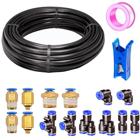 HAXIHA 10M Pneumatik Schlauch Schwarz 8mm OD 5mm ID Polyurethan PU Luftschlauch Rohr Druckluftschlauch ist Geeignet für Pneumatische Geräte, mit 14 Stück Pneumati kverbinder (Y/T/L/I förmig)