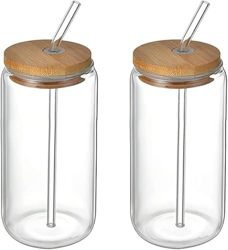 LiTaiJingNice Lot de 2 gobelets en verre en forme de canette avec couvercles, verres à café glacé, gobelets transparents et mignons pour cocktail, coca, soda (550 ml)