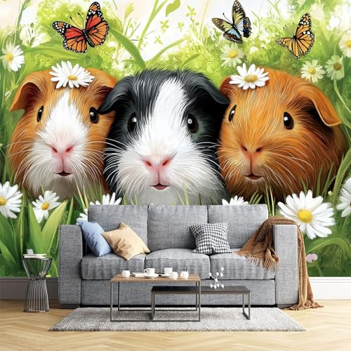 JEDTAKCT Papier Peint Panoramique Cochon D'Inde 350X256Cm - Photo Décoration Murale – Papier Peint Mural Pour Cuisine Chambre, Salon, Fond Tv - Animal Des Prairies De Dessin Animé - Revêtement Mural