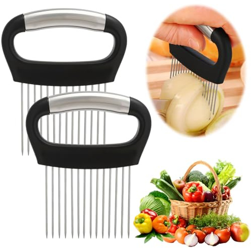 2 Pcs Onion Holder for Slicing,Stainless Steel Onion Holder, Upgraded Meat Slicer Fruit Vegetable Cutter Slicer Stainless Steel Kitchen Cutting Tool Accessories Kitchen Gadget(Style 2)