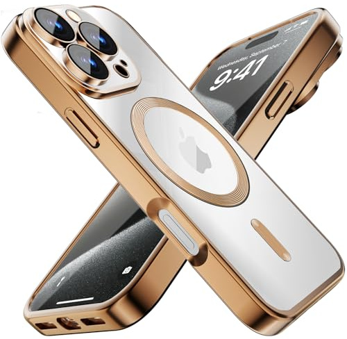 Misscase für iPhone 16 Pro Max Hülle 6.9 Zoll, Farbe Elektroplattiert Rahmen Transparente Rückseite magnetisches TPU Handyhülle Kompatibel mit MagSafe, Militärnorm Schutz, Kratzfeste Stoßfest -Golden