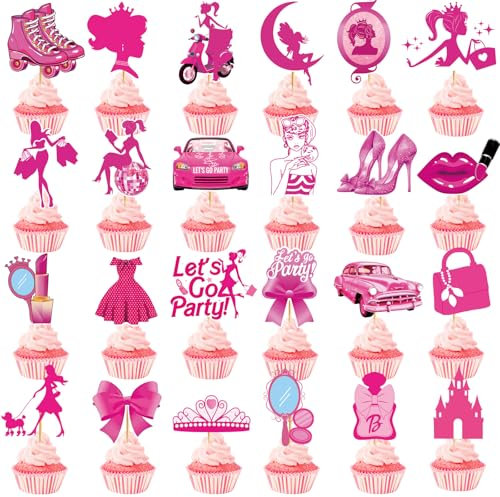 48 Pcs Hot Pink Girls Cupcake Toppers Princess Cake Decorations Girls Birthday Party Bachelorette Party Bridal Shower Supplies