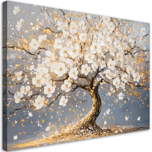 Feeby - Impression sur Toile - Deco Tableau Murale Intissé - Arbre doré avec fleurs blanches - 60x40 1partie - Photo Peinture - Pour Chaque Pièce de Votre Appartement