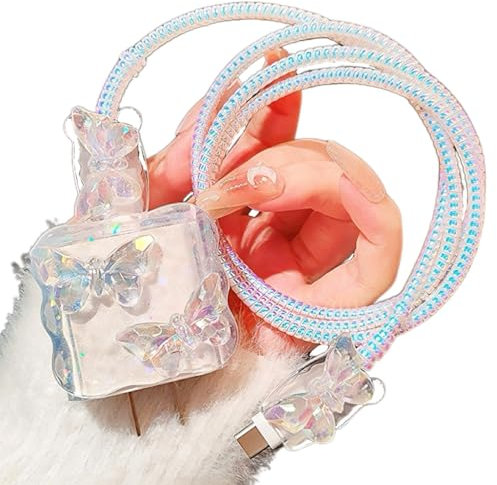 DIY Charger Cover for iPhone Cord Protector with Butterflies Design,Soft Girly Cute Butterfly Charging iPhone Charger Protector iPad Charger Protector Kawaii Cable Saver for iPhone 18W/20W Charger