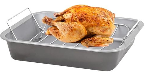36cm Deep Roasting Tin with Stainless Steel Curved Roasting Rack for Oven with Non-Stick Coating