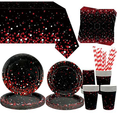 Obussgar Decorazione per feste rosso e nero - Stoviglie di compleanno rosso e nero con piatti, bicchieri, tovaglioli, tovaglie, cannucce - per 20 persone