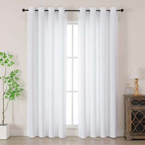 Simplebrand White Faux Linen Texture Curtain 200 CM Drop, Privacy Curtain for Living Room/Bedroom/Patio Door, Lightweight Semi Translucent Panels with Elegant Eyelet Top, Set of 2, W140 x H 200 CM