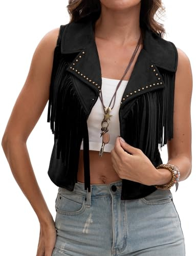 Adigau Damen Kunstwildleder Weste mit Fransen | Kurz Ärmellos Jacke mit Nieten Vintage Cowgirl Top Hippie Oberteil Western Outfit