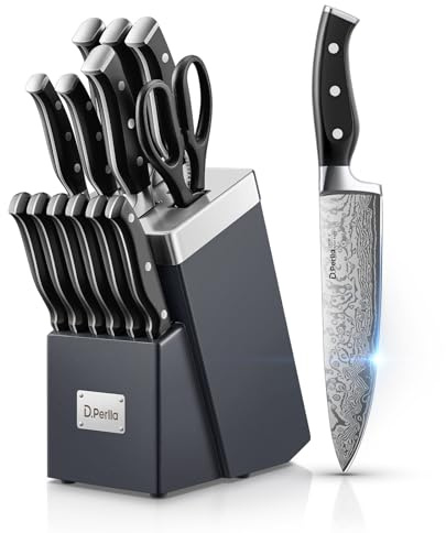 D.Perlla Set di Coltelli da Cucina con Tecnologia Avanzata di Affilacoltelli, 14 Pezzi, Set di Coltelli in Acciaio Inossidabile, Ceppo Coltello in Legno, Coltello da chef, da pane, Forbici da Cucina
