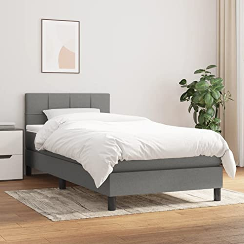 Massbinet Boxspringbett mit Matratze Polsterbett Stoff Block mit Quadraten Topper 80 x 200 cm Dunkelgrau