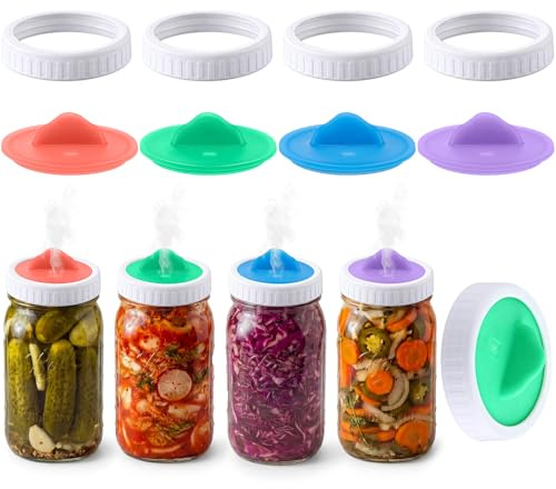 4 Pcs Mason Jar Rings and 4 Pcs Airlock Fermentation Lid, Fermentation Kit for Wide Mouth Jars, Durable Screw Bands & Airlock Lid for Pickles and Sauerkraut
