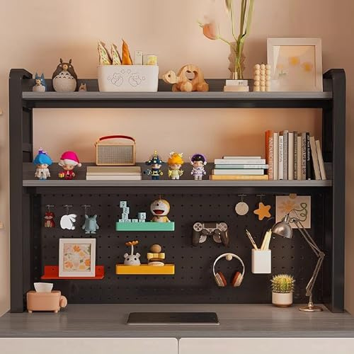 FUKEFUZ Desktop Hutch with Pegboard Panel, Heavy Duty Computer Desk Shelf Organizer for Gaming Setup, Black Metal Frame Riser Stand with Storage Shelves for Home Office(Grey,63.0in)
