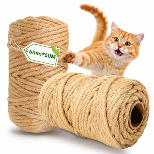 Corda Tiragraffi per Gatti 6mm x 60m,2PCS Corda per Tiragraffi,Corda Canapa