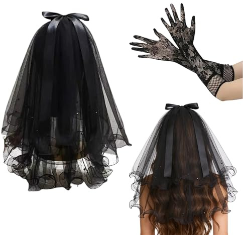 Kurzer schwarzer Hochzeitsschleier, 2 stöckig Gothic-Brautschleier mit Kamm und Kunstperlen, Schleier Braut mit schwarze Spitzenhandschuhe, für Hochzeitsbräute Dusche Bachelorette Halloween Party