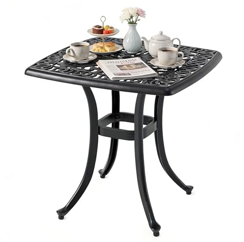 GIANTEX Gartentisch mit Schirmloch und dekorativer Blumenmuster Tischplatte, wetterfester Aluminium-Druckgusstisch für Pavillon, Balkon und Hof, 54 x 54 x 53 cm
