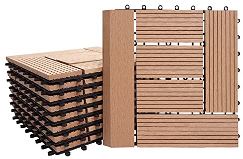 BERLINLODGE WPC Bodenfliese + Abschluss | 11x je BxT 30x30cm = 1qm Premium | Holzoptik Balkon/Terrasse | Teak versetzt