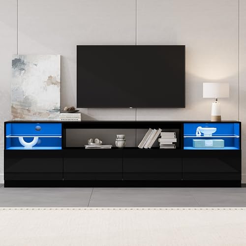 FammyLoft TV-Schrank 180cm bis 75 Zoll mit LED, Hochglanz TV-Lowboard Stehend mit 8 Fächer, Fernsehtisch mit Kabelmanagement für Wohnzimmer, TV Stand, Fernsehschrank, TV-Board, TV-Kommode