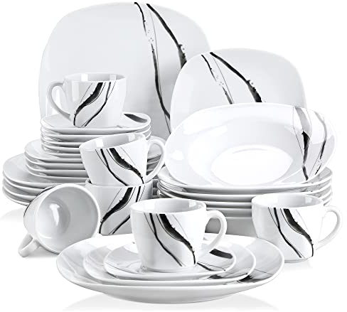 VEWEET TERESA 30pcs Service de Table Porcelaine 6pcs Assiette Plate/Assiette à Dessert/Assiette Creuse/Tasse avec Soucoupes pour 6 Personnes Vaisselles Céramique Design Moderne Ligne Noir