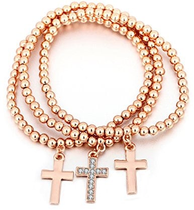 Women Charms Bracelet Stretch Bracelets for Girls Bead Bangle Lucky Cross Charm Bracelet Adjustable Cuff Bracelet with CZ Crystal (Rose Gold Cross Charm)