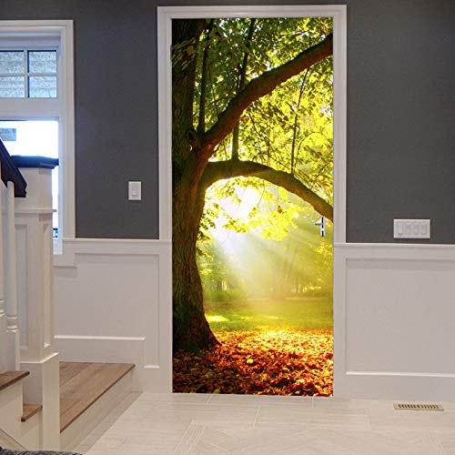 A.Monamour Türtapete Selbstklebend Türfolie Türposter 3D Sonnenschein Durch Verzauberten Großen Baum Gefallen Blätter Weg Wald Vinyl Folie Türdeko Tapete Wandbild Türaufkleber Türtattoo 90 x 200 cm