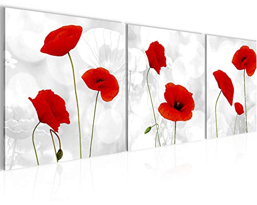 Runa Art - Bilder Blumen Mohnblume 120 x 40 cm 3 Teilig Wandbild auf Vlies Leinwand Grau Rot Mehrteilig Modern 028233a