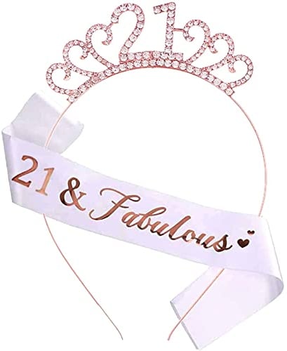 MIOSJI Schärpe zum 21. Geburtstag und Kristall-Tiara Geburtstagskrone, 21. Geburtstagsgeschenke für sie, personalisierte Geburtstagsschärpen für 21. Geburtstag, Party-Dekorationen (Roségold)
