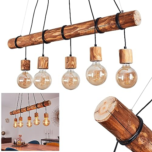 HOFSTEIN Pendelleuchte Canedo, 5-flammige Hängelampe aus Metall/Holz in Schwarz/Grau im skandinavischen Design, Hängeleuchte m. Holzstab u. Fassungen aus Holz, 5 x E27, Esszimmer, Wohnzimmer, Küche