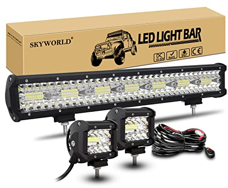 SKYWORLD LED Arbeitsscheinwerfer Bar, 50.8cm 420W Spot Flutlicht Zusatzscheinwerfer 12V 24V + 2 x 10cm 60W Offroad Scheinwerfer Arbeitslicht mit Kabelbaum für Traktor LKW Auto ATV SUV 4x4