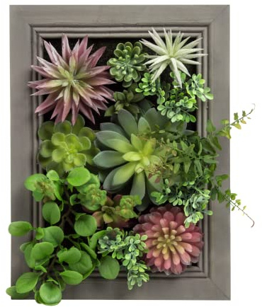 Nattol Hanging Wall Artificial Plants 3D Artificial Succulent Plants Wall Hanging Plants with Rectangle Wooden Frames Faux Plants Greenery for Indoor Wall Decor