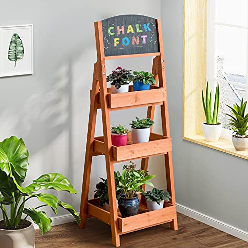COSTWAY 3 Tier Plant Stand, Wooden Flower Shelf Ladder with Chalkboard & Removable Shelves, Indoor Ourdoor Freestanding Display Rack for Garden Backyard Decoration