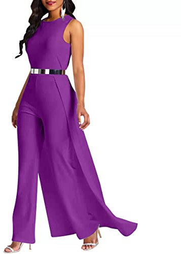 VERWIN Patchwork Overlay Impreziosito Pianura Tuta Donna A Vita Alta Pagliaccetto, Viola, Medium