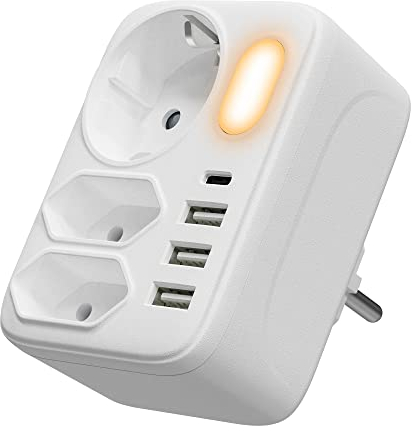 COYOUCO Prise USB, Prise Multiple 8 en 1 avec 3 USB Et 1 Port Type-C, Interrupteur De Veilleuse LED, Adaptateur De Prise Multiprises 3 Voies avec Chargeur USB (2 Prises Euro Et 1 Schuko)