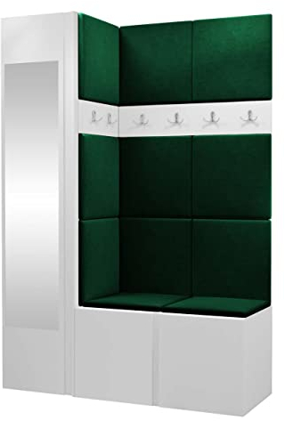 Mirjan24 Garderoben-Set Monati X, Kleiderschrank mit Spiegel, Schuhschrank + 2X Kleiderhakenbrett Gepolstertes Paneel/Wandpaneel, 6 Doppelhaken Flurgarderobe, Wandgarderobe (Weiß, Manila 35)