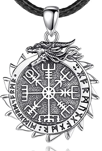 INFUSEU Kompass Drachen Halskette, 925 Sterling Silber Wikinger Hexer Schmuck 2 Ton Vegvisir Hexe Anhänger Amulett Schutz Rune Schmuck für Frauen Herren