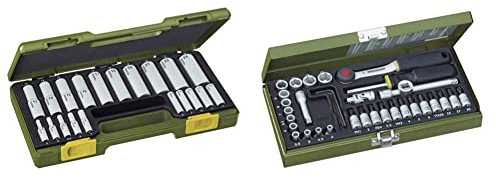 PROXXON Steckschlüsselsatz, 20-teiliges Werkzeug-Set, 23292 & Steckschlüsselsatz, Feinmechaniker-Satz mit 1/4-Umschaltratsche sowie Schraubendrehergriff, 36-teiliges Werkzeug-Set, 30 x 12.5 x 5 cm