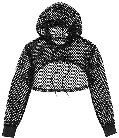 Women's Fishnet Hoodie Drawstring Long Sleeve Mesh Hooded Crop Top Rave Musical Festival Costume Outfits Hot Streetwear Clubwear Black L