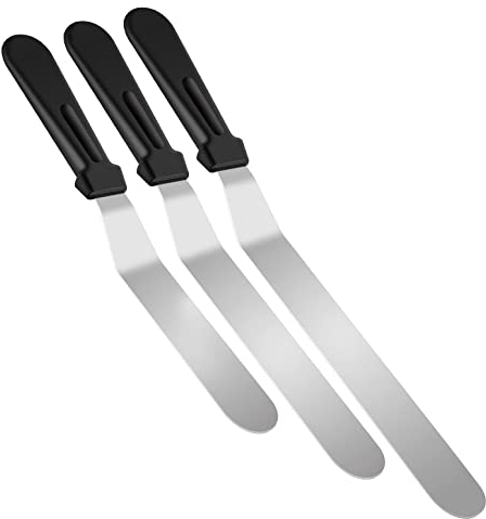 Spatule Patisserie Anglées, 3pcs (6/8/10) Spatule à Palette en Acier Inoxydable avec Poignées en Plastique, Spatule Coudee Décorative pour Glaçage du Gâteau, des Cupcakes et Pâtisseries