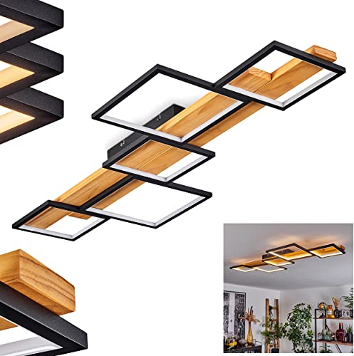 LED Deckenleuchte Pompu, moderne Deckenlampe aus Metall/Holz/Kunststoff in Schwarz/Natur/Weiß, dimmbar über Lichtschalter, 4500 Lumen, 3000 Kelvin, LED 37 Watt