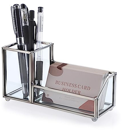 Hipiwe Visitenkartenhalter aus Glas, Metall, Stifthalter, für Schreibtisch, transparent, für Büro, Zuhause, 2 Fächer, Silber