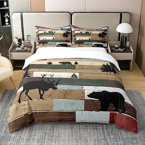 Homewish Rustikales Bauernhaus Baumwolle Bettbezug 220x240 Hirsch Bär | Weihnachten Elch Bett Sets Schwarz Braun Gestreifte Bettwäsche Leichte Westliche Blockhütte Zimmer Dekor für Teens