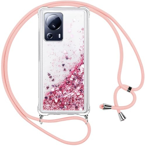 Vauki handyband Glitzer Handyhülle für Xiaomi 13 Lite 5G, Flüssig Treibsand Cover mit Band Necklace Weich Transparent Silikon TPU Bumper Schutzhülle mit Kordel zum Umhängen Case für Xiaomi 13 Lite