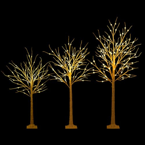 COSTWAY Set of 3 Lighted Christmas Birch Tree, 4FT+5FT+6FT Artificial Xmas Twig Tree with Warm-White LED Lights, Christmas Holiday Party Decor for Porch Home Store