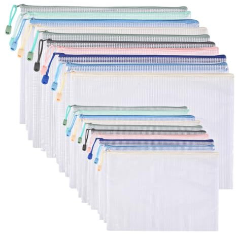 Awilnax Plastic Wallets A4 Mesh Zipper Pouches File Folders A5 Zip Wallets Ziplock Bags for School Document Supplies, Cosmetics Travel Storage Bags, Cross Stitch, Board Games Storage (AwA4+A5-20Pcs)