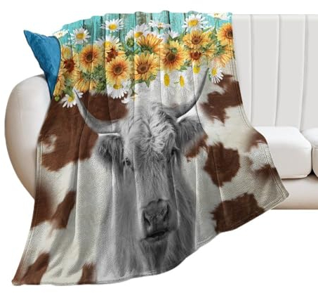 COALHO Vintage Bauernhaus alte Holzbretter Überwurf Sofa Couch Flauschig Warme Decke Rustikale Bauernhof Sonnenblume Kuh Niedlich Western Tier Yak Print Decke Bett Plüsch Überwurf Flanell Überwurf 150