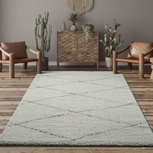the carpet Bahar Shaggy eleganter Designer Teppich Wohnzimmer, weicher & pflegeleichter Hochflor Wohnzimmerteppich in Creme-Schwarz 120 x 170 cm