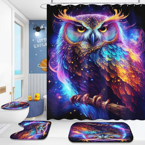 Fadaing Eule Duschvorhang-Sets Aquarell Eule Duschvorhang 180x200 Cartoon Eule Textil Duschvorhänge Polyester Badezimmerteppich 4-teiliges Set Mit 12 Ringen (1,180×200cm)