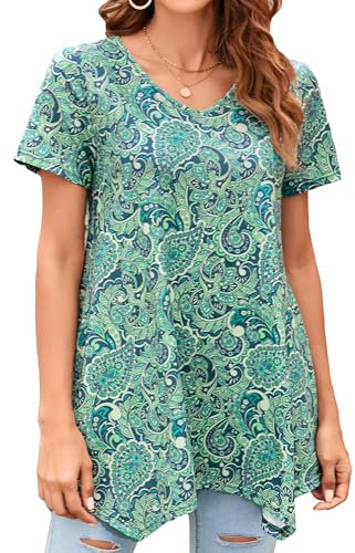 Enmain Camiseta Mujer Manga Corta Top Túnica Larga Cuello de Pico Blusa Elegante y Cómoda Talla Grande Tops Estampadas T Shirt para Mujeres,Verde Claro,3XL