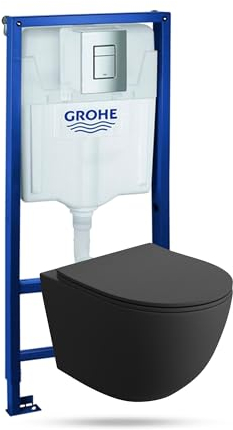 GROHE Vorwandelement Solido + Wand Hänge WC Sinto Schwarz Spülrandlos + + WC Sitz mit Absenkautomatik Verchromter Knopf Komplettset Unterputz Spülkasten Toilette Komplett Sett WC